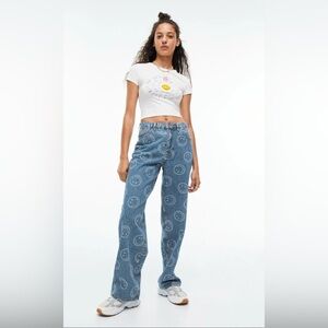 SMILEY H&M Sz 14 High Rise Blue Jeans with Smiley Print Wide Leg Distressed Hem